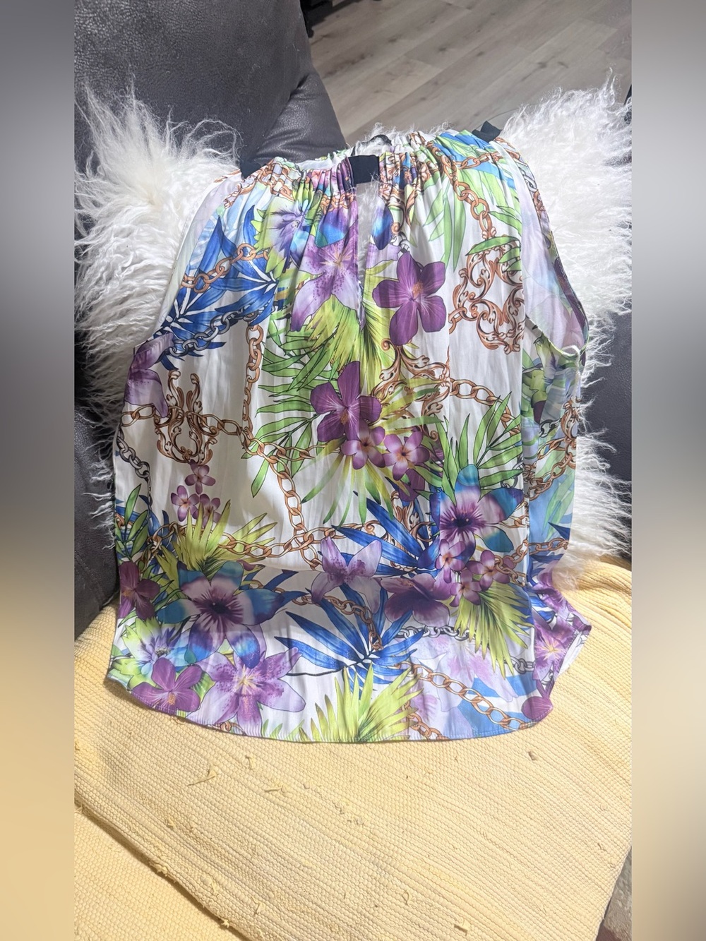 Jennifer Lopez Tropical Floral Off-Shoulder Camisole - Purple, Green & Blue